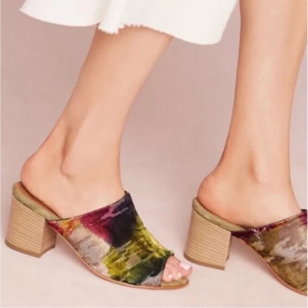 Firenze Studio for Anthropologie | Women’s Blue/Green/Yellow Velvet Mules sz 9.5